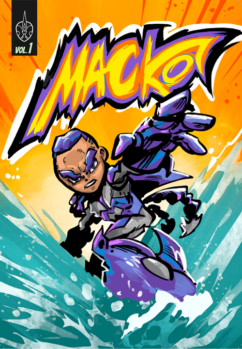 Comic book cover art for 'Macko Vol. 1' featuring a stylized cartoon character in a purple and gray suit riding a purple surfboard on a turquoise wave, with a bright orange-yellow background and bold comic-style title text.